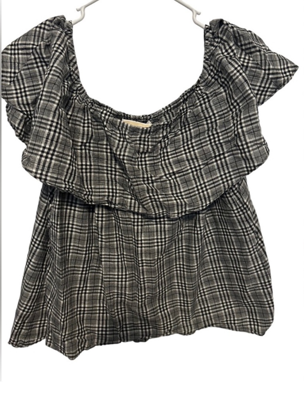 Michael Kors Black Gray White Plaid Ruffled Off-Shoulder Top